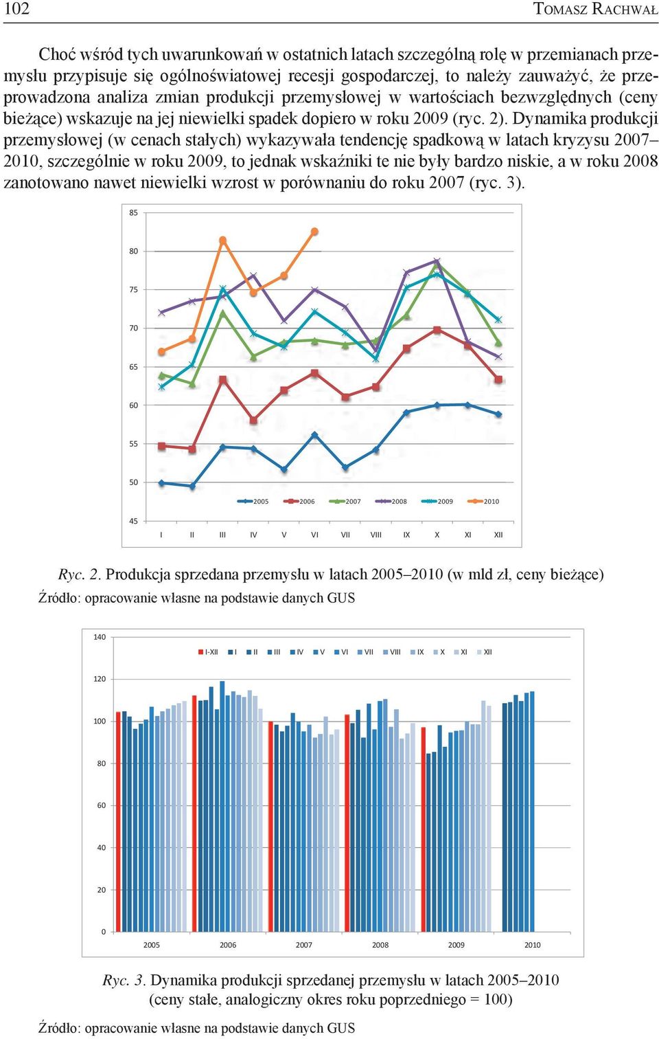 Dynamika produkcji przemysłowej (w cenach stałych) wykazywała tendencję spadkową w latach kryzysu 2007 2010, szczególnie w roku 2009, to jednak wskaźniki te nie były bardzo niskie, a w roku 2008