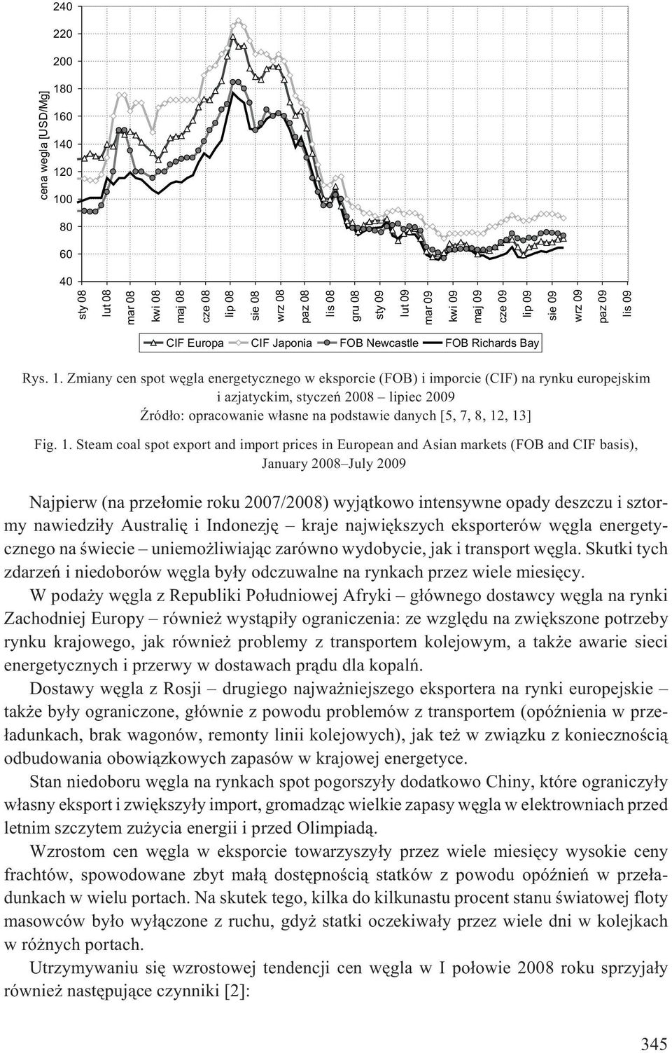 Zmiany cen spot wêgla energetycznego w eksporcie (FOB) i imporcie (CIF) na rynku europejskim i azjatyckim, styczeñ 2008 lipiec 2009 ród³o: opracowanie w³asne na podstawie danych [5, 7, 8, 12, 13] Fig.