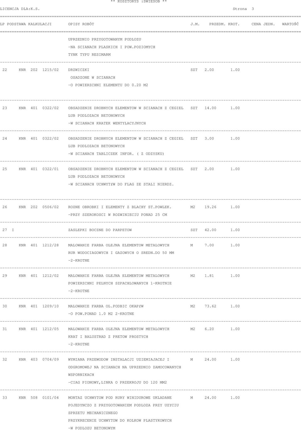 00 LUB PODLOZACH BETONOWYCH -W SCIANACH KRATEK WENTYLACYJNYCH 24 KNR 401 0322/02 OBSADZENIE DROBNYCH ELEMENTOW W SCIANACH Z CEGIEL SZT 3.00 1.00 LUB PODLOZACH BETONOWYCH -W SCIANACH TABLICZEK INFOR.