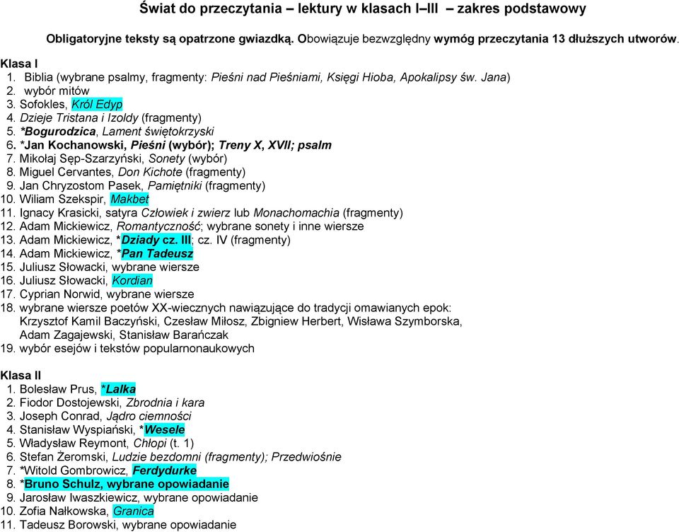 *Bogurodzica, Lament świętokrzyski 6. *Jan Kochanowski, Pieśni (wybór); Treny X, XVII; psalm 7. Mikołaj Sęp-Szarzyński, Sonety (wybór) 8. Miguel Cervantes, Don Kichote (fragmenty) 9.