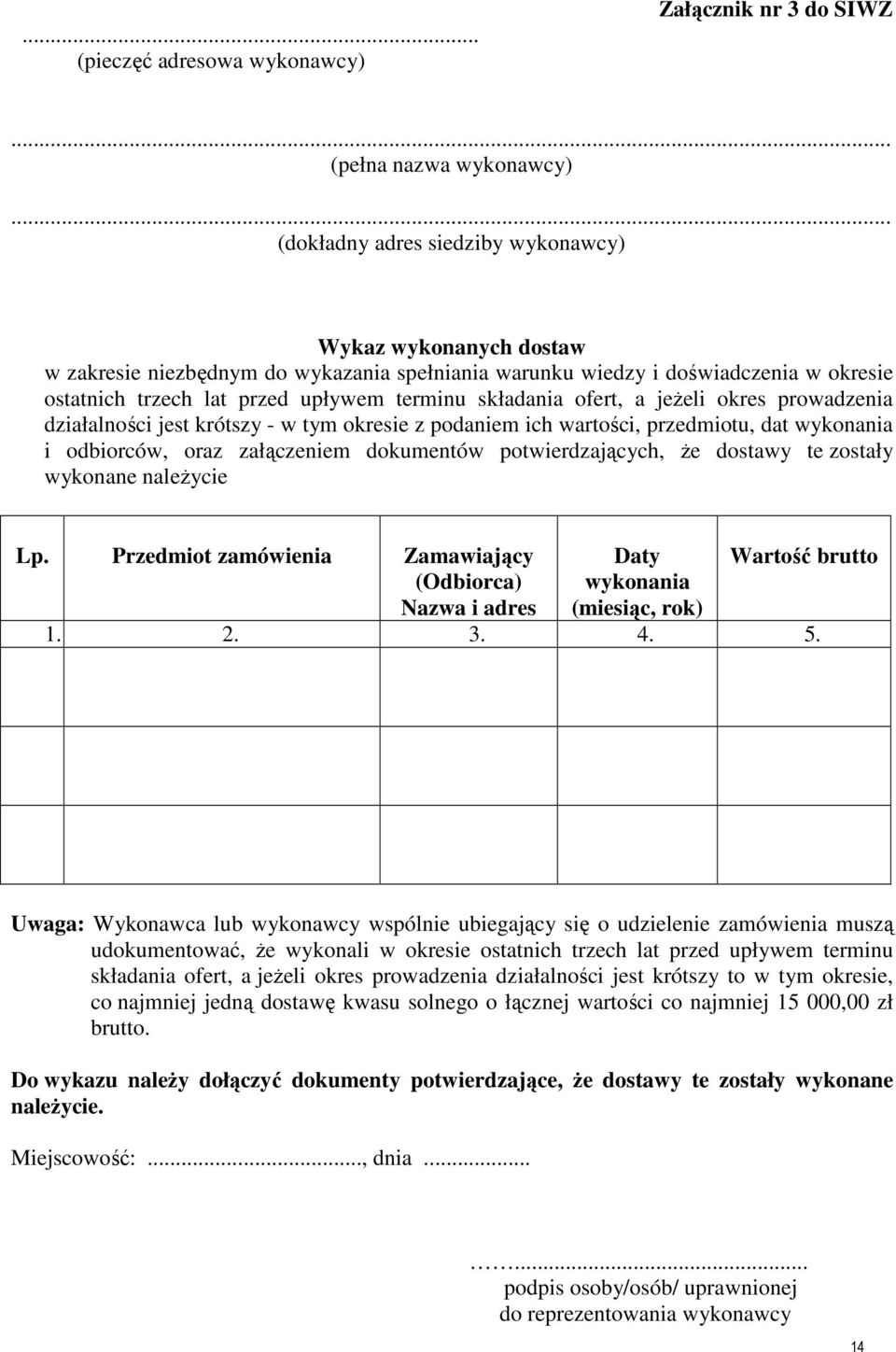 składania ofert, a jeŝeli okres prowadzenia działalności jest krótszy - w tym okresie z podaniem ich wartości, przedmiotu, dat wykonania i odbiorców, oraz załączeniem dokumentów potwierdzających, Ŝe