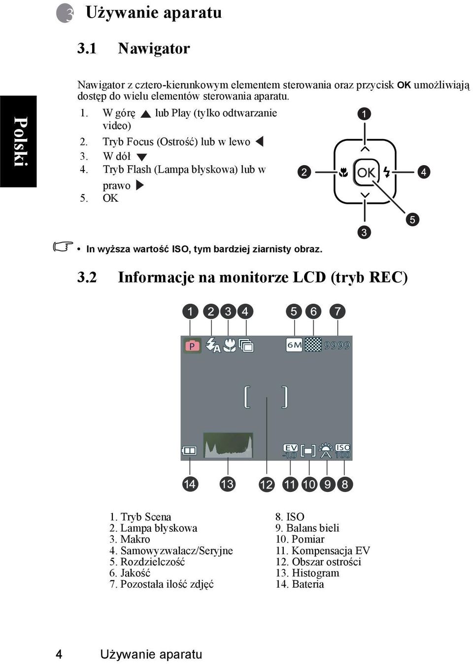 OK In wyższa wartość ISO, tym bardziej ziarnisty obraz. 3.2 Informacje na monitorze LCD (tryb REC) P 6M 9999 EV ISO -1.0 A 100 1. Tryb Scena 8. ISO 2.