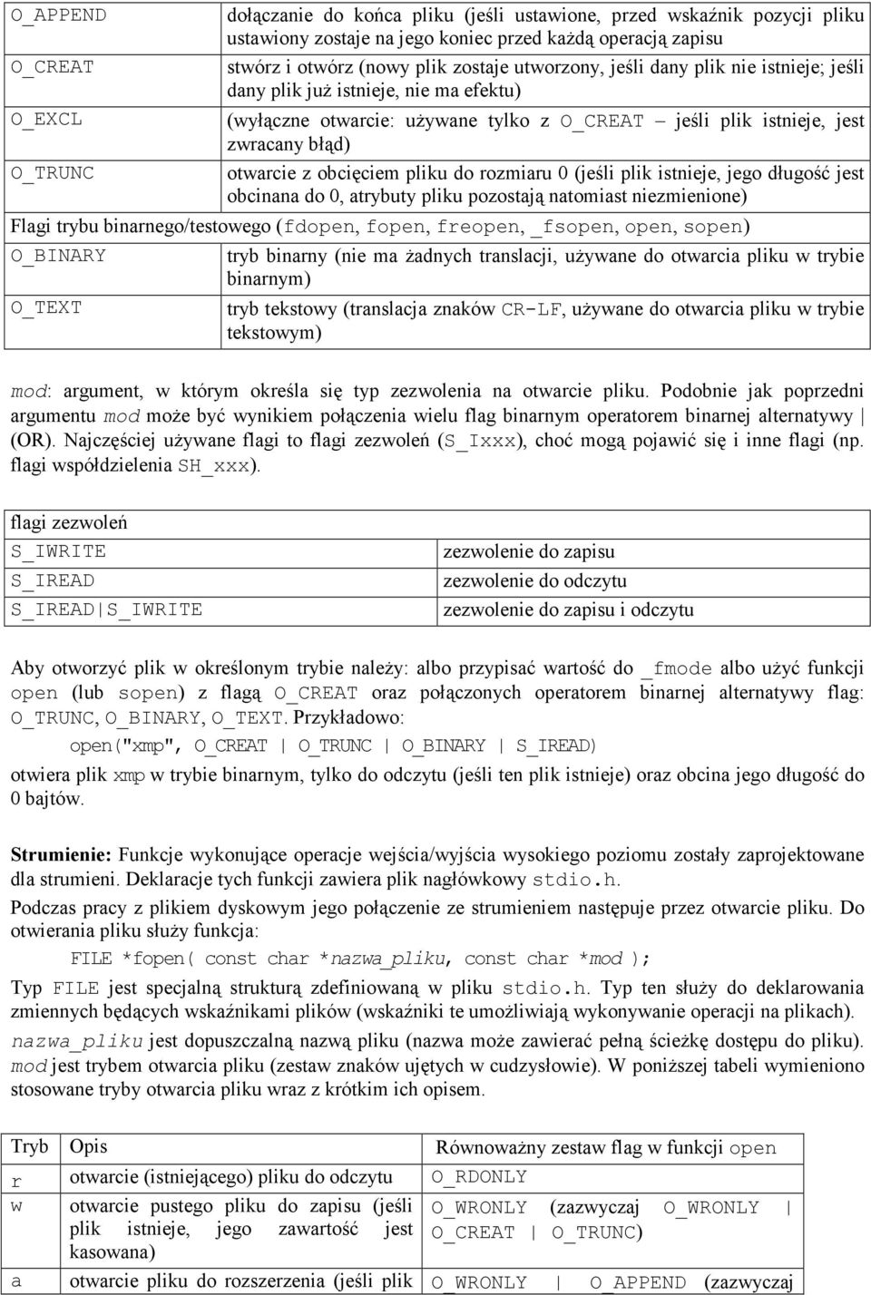 pliku do rozmiaru 0 (jeśli plik istnieje, jego długość jest obcinana do 0, atrybuty pliku pozostają natomiast niezmienione) Flagi trybu binarnego/testowego (fdopen, fopen, freopen, _fsopen, open,