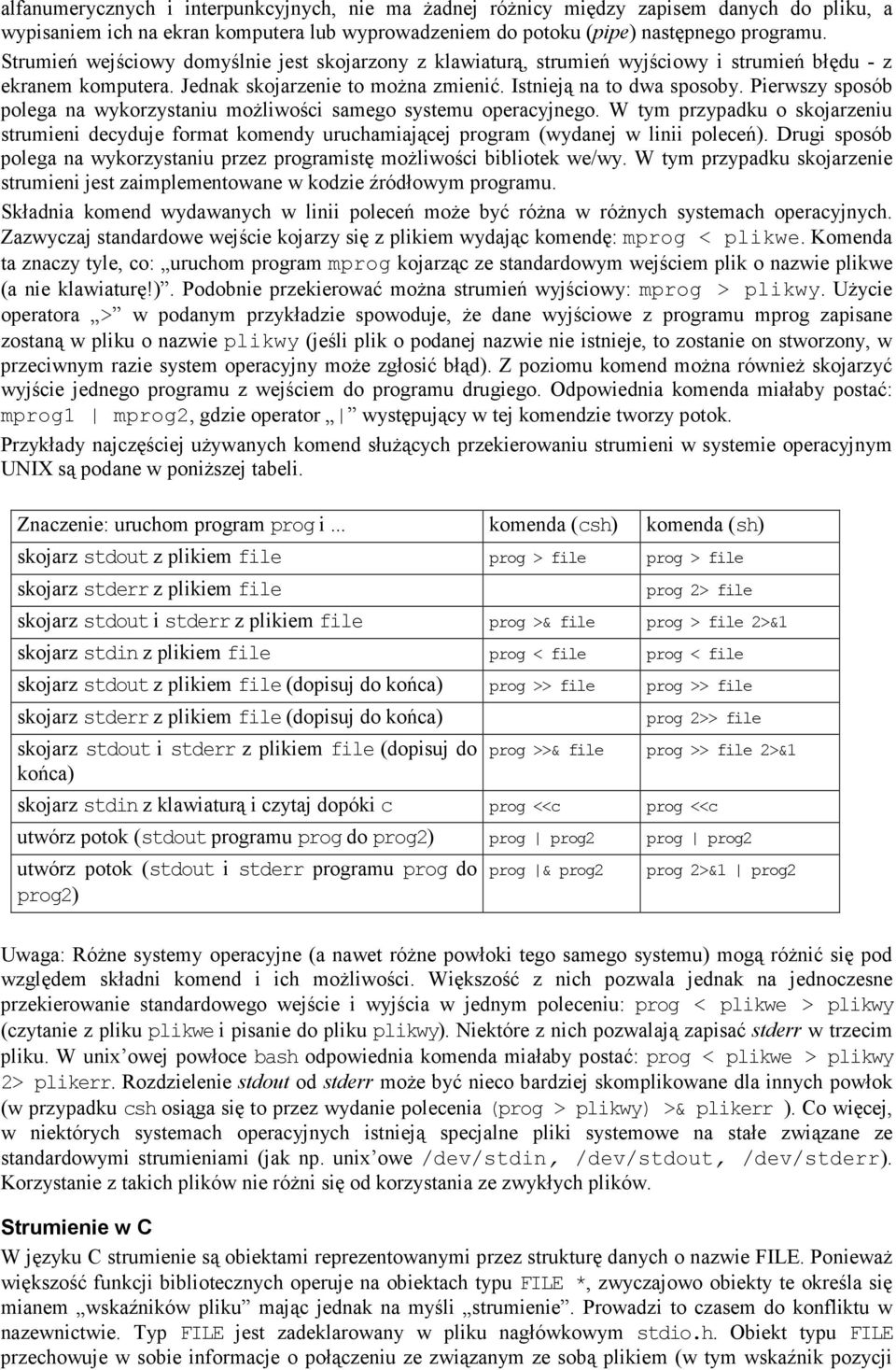 Pierwszy sposób polega na wykorzystaniu moŝliwości samego systemu operacyjnego. W tym przypadku o skojarzeniu strumieni decyduje format komendy uruchamiającej program (wydanej w linii poleceń).