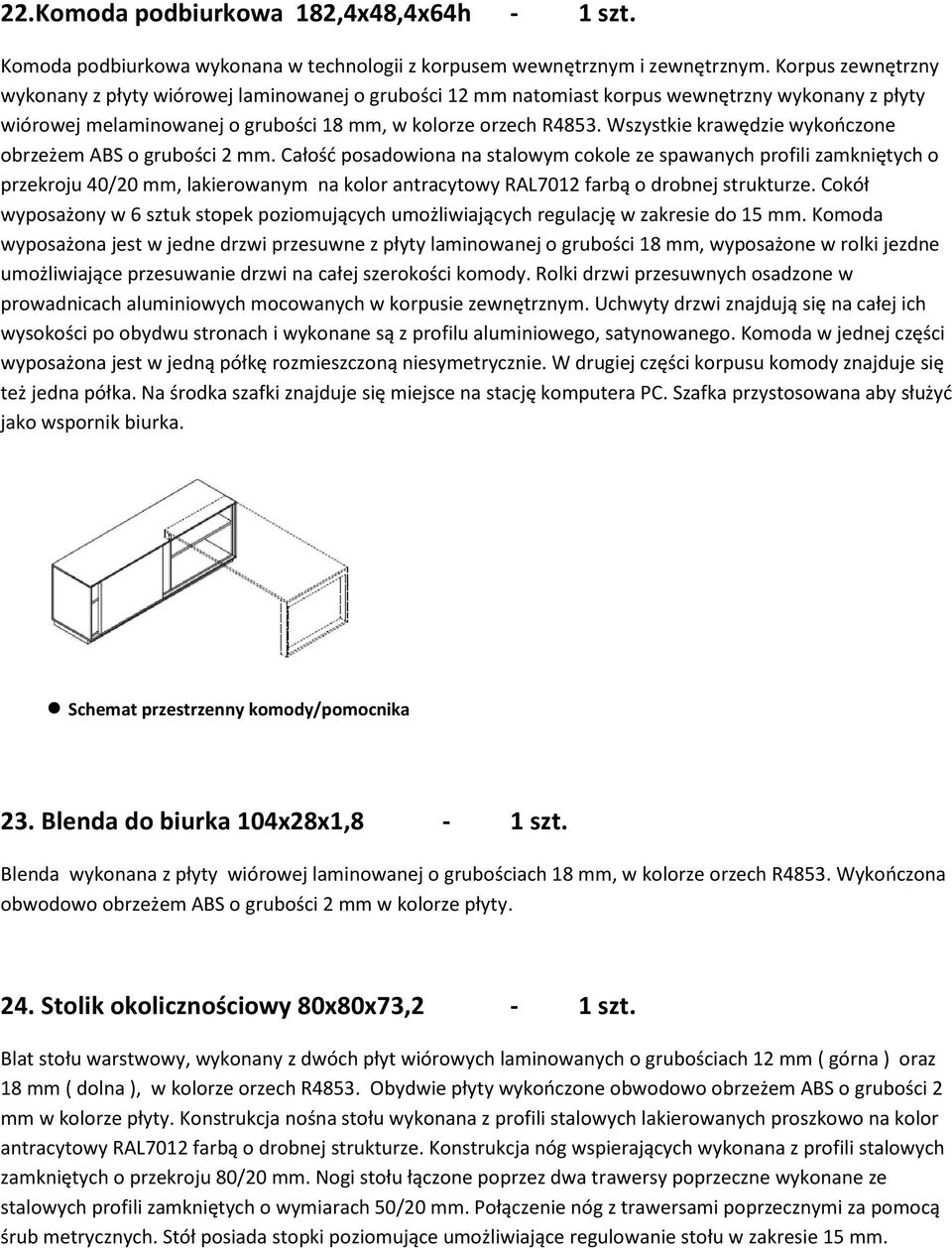 Wszystkie krawędzie wykczne brzeżem ABS grubści 2 mm. Całśd psadwina na stalwym ckle ze spawanych prfili zamkniętych przekrju 40/20 mm, lakierwanym na klr antracytwy RAL7012 farbą drbnej strukturze.