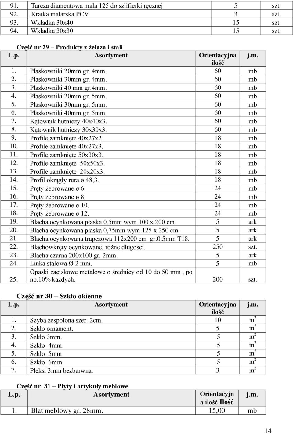 Płaskowniki 40mm gr. 5mm. 60 mb 7. Kątownik hutniczy 40x40x3. 60 mb 8. Kątownik hutniczy 30x30x3. 60 mb 9. Profile zamknięte 40x27x2. 18 mb 10. Profile zamknięte 40x27x3.