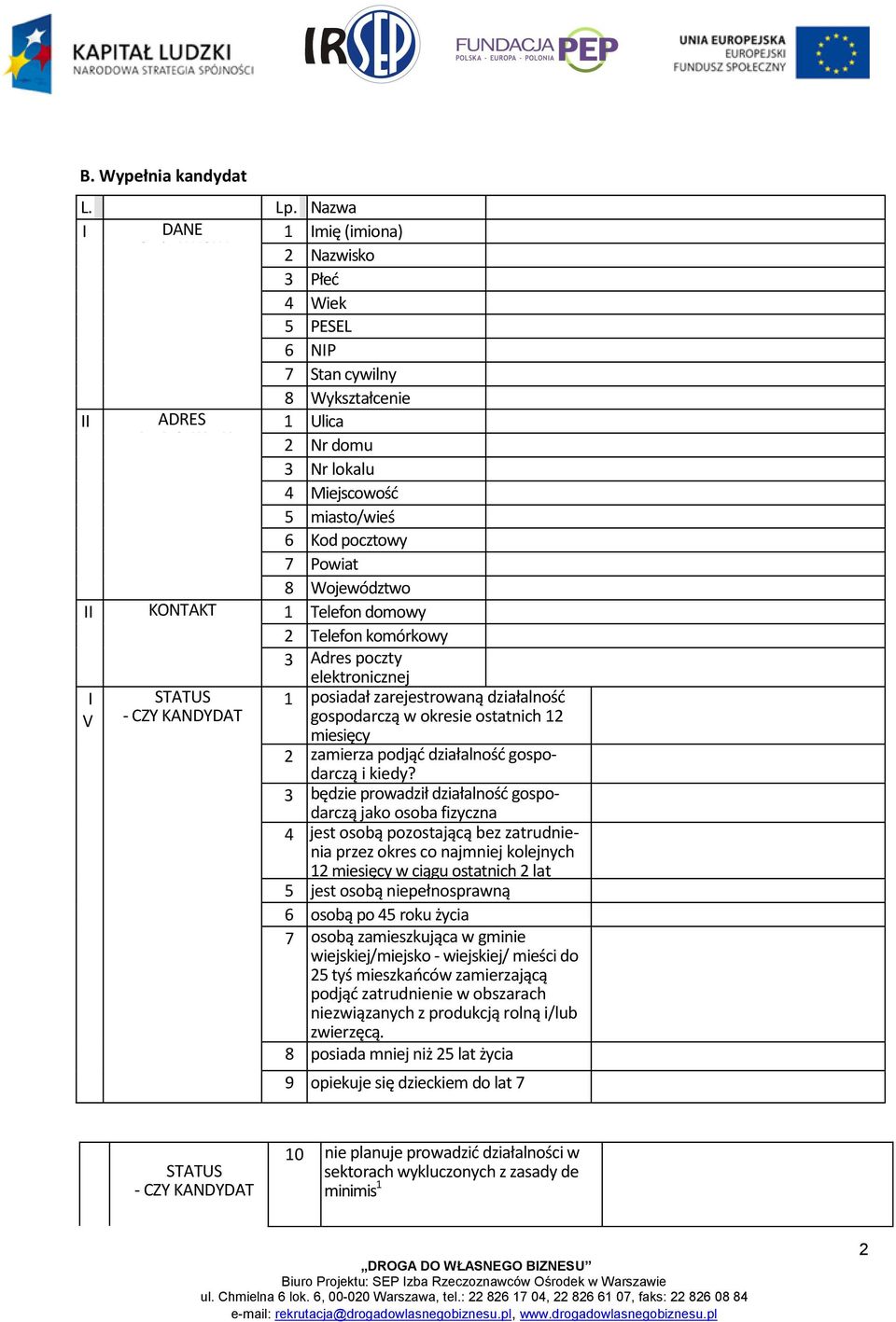 7 Powiat 8 Województwo KONTAKT 1 Telefon domowy 2 Telefon komórkowy 3 Adres poczty elektronicznej STATUS - CZY KANDYDAT 1 posiadał zarejestrowaną działalnośd gospodarczą w okresie ostatnich 12