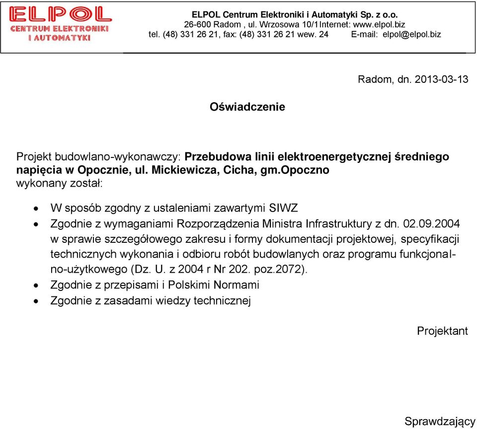 2013-03-13 Projekt budowlano-wykonawczy: Przebudowa linii elektroenergetycznej w Opocznie, ul.