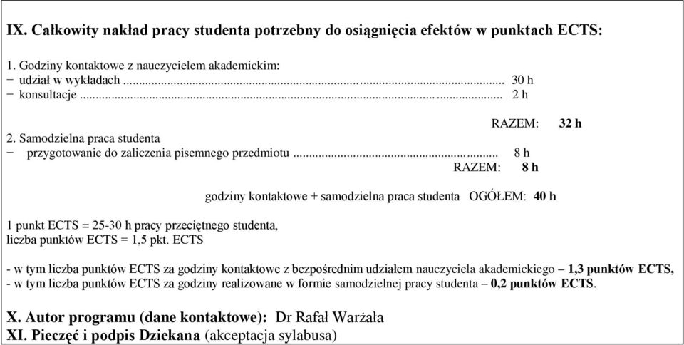 ECTS godziny kontaktowe + samodzielna praca studenta OGÓŁEM: 40 h - w tym liczba punktów ECTS za godziny kontaktowe z bezpośrednim udziałem nauczyciela akademickiego 1,3 punktów ECTS, - w tym