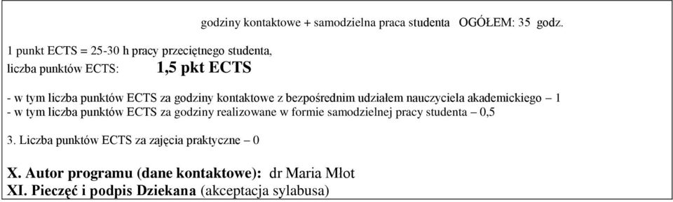 1,5 pkt ECTS - w tym liczba punktów ECTS za godziny kontaktowe z bezpośrednim udziałem nauczyciela akademickiego 1 - w tym