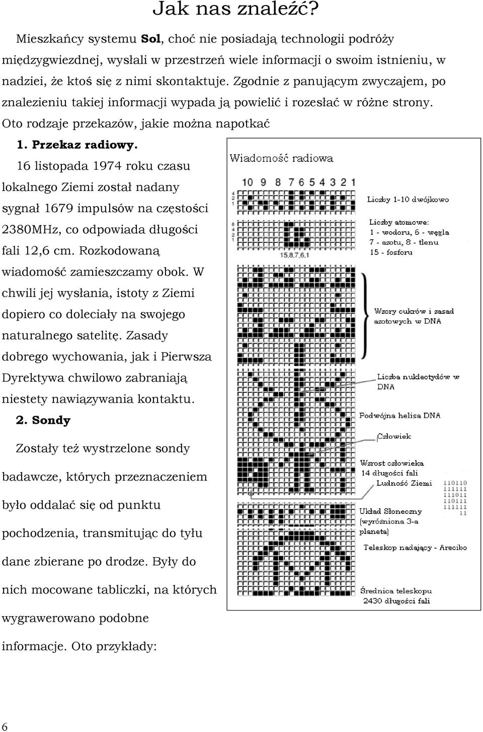 16 listopada 1974 roku czasu lokalnego Ziemi został nadany sygnał 1679 impulsów na częstości 2380MHz, co odpowiada długości fali 12,6 cm. Rozkodowaną wiadomość zamieszczamy obok.