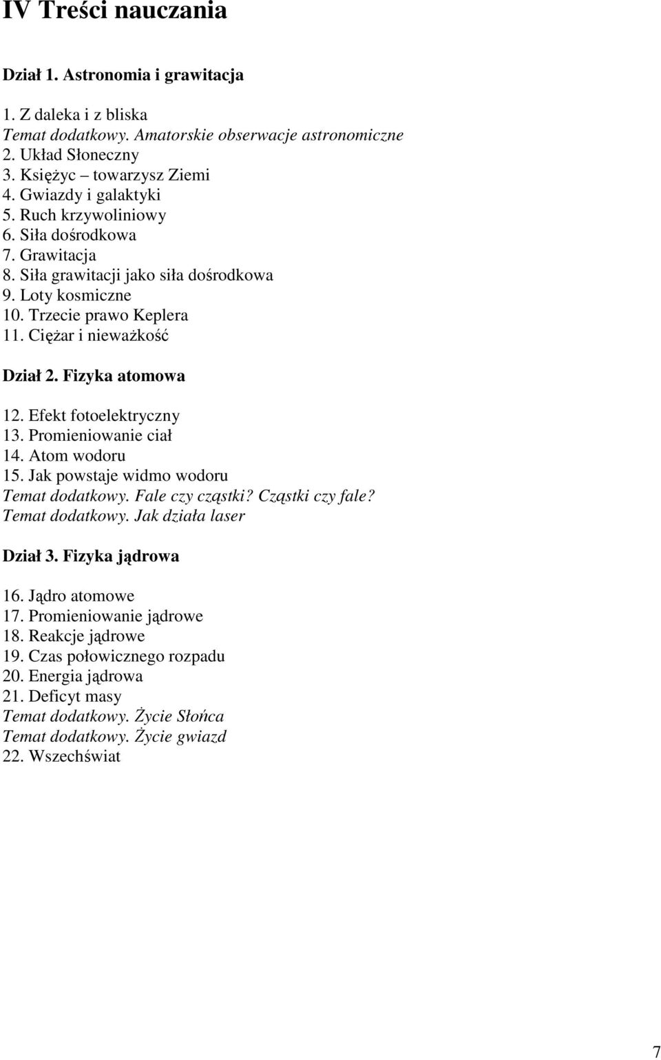 Efekt fotoelektryczny 13. Promieniowanie ciał 14. Atom wodoru 15. Jak powstaje widmo wodoru Temat dodatkowy. Fale czy cząstki? Cząstki czy fale? Temat dodatkowy. Jak działa laser Dział 3.