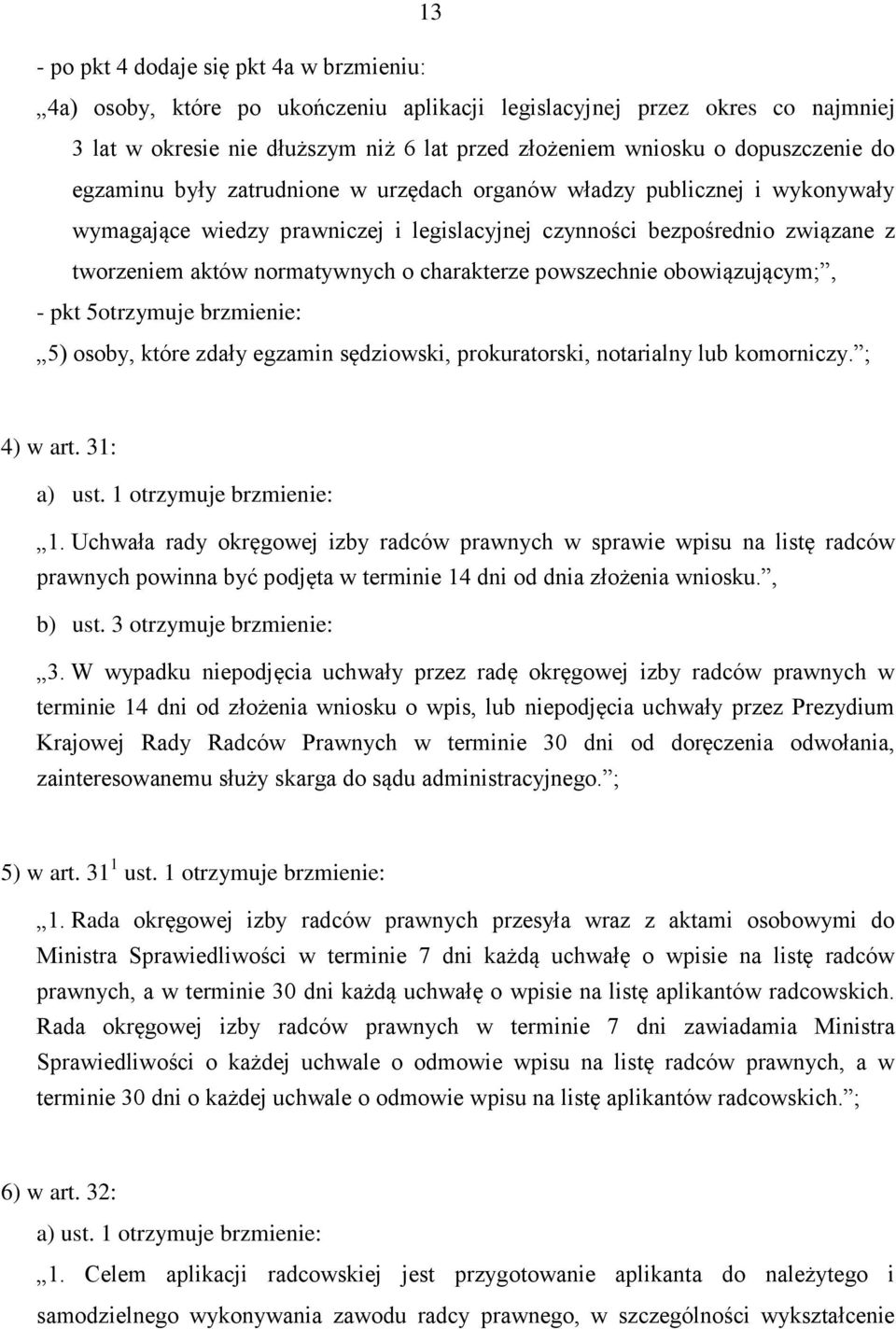 normatywnych o charakterze powszechnie obowiązującym;, - pkt 5otrzymuje brzmienie: 5) osoby, które zdały egzamin sędziowski, prokuratorski, notarialny lub komorniczy. ; 4) w art. 31: a) ust.