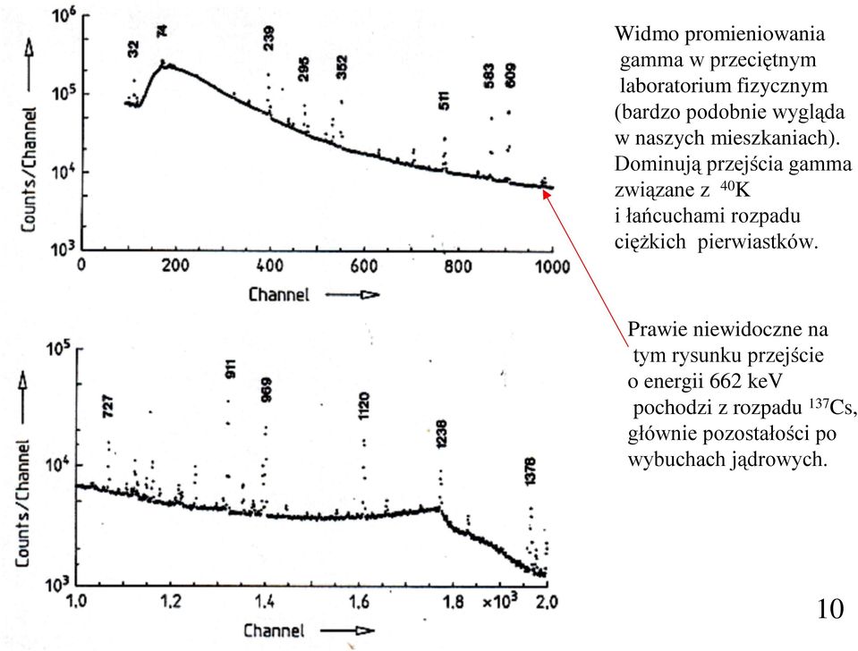 Dominują przejścia gamma związane z 40 K i łańcuchami rozpadu ciężkich pierwiastków.