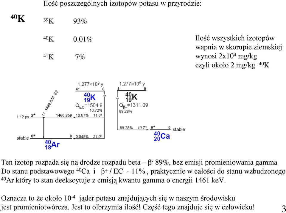 rozpadu beta β - 89%, bez emisji promieniowania gamma Do stanu podstawowego 40 Ca i β + / EC - 11%, praktycznie w całości do stanu wzbudzonego 40 Ar