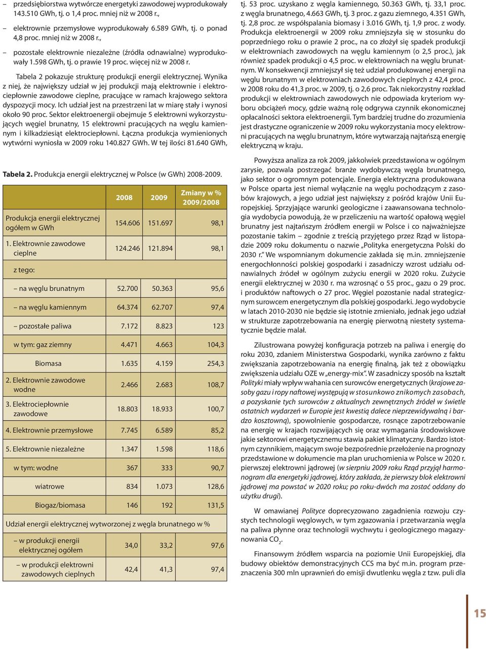 Tabela 2 pokazuje strukturę produkcji energii elektrycznej.