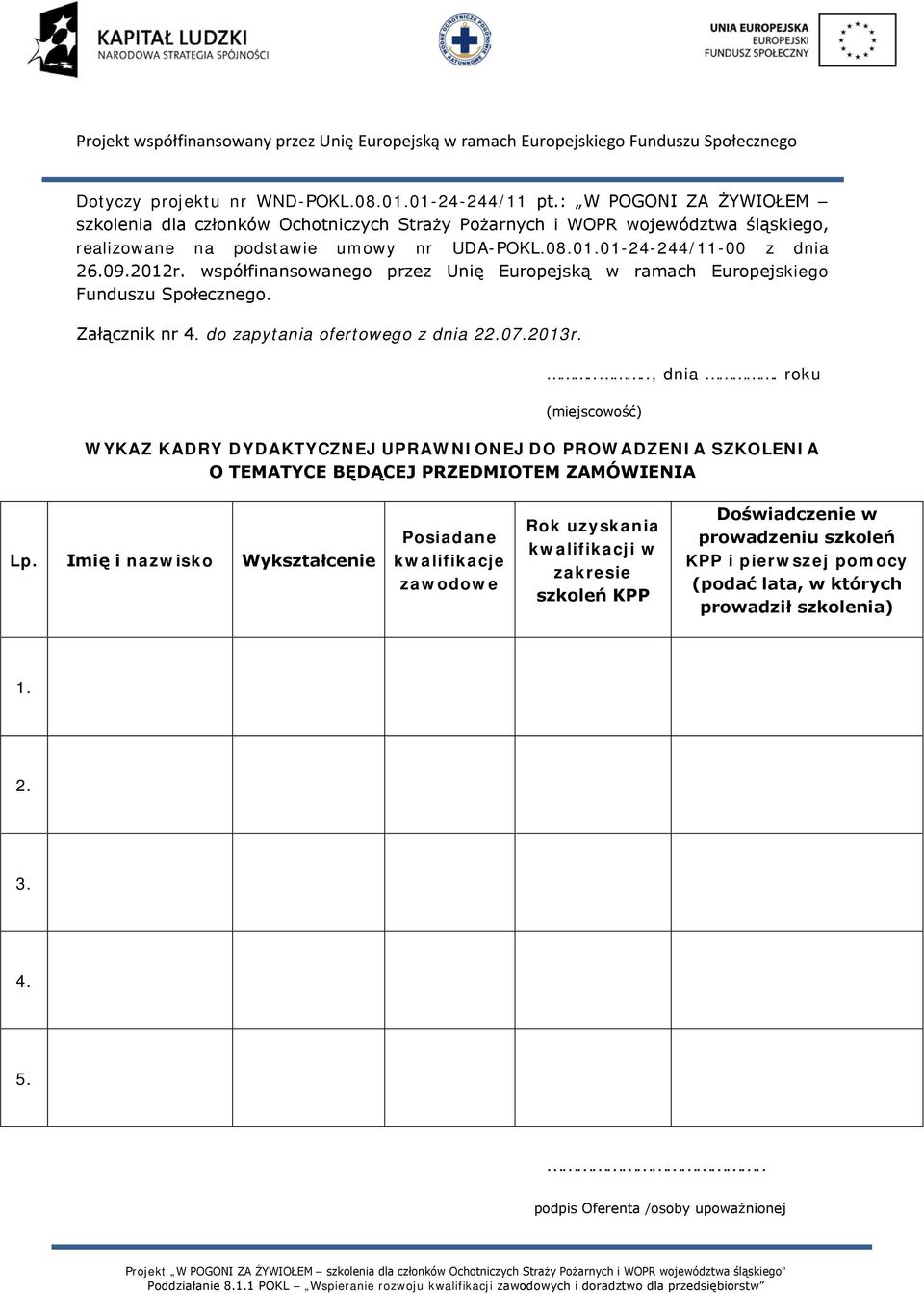 współfinansowanego przez Unię Europejską w ramach Europejskiego Funduszu Społecznego. Załącznik nr 4. do zapytania ofertowego z dnia 22.07.2013r....., dnia.