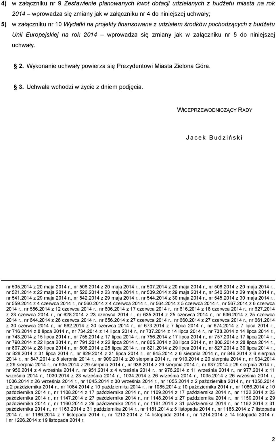 3. Uchwała wchodzi w życie z dniem podjęcia. WICEPRZEWODNICZĄCY RADY J a c e k B u d z i ń s k i nr 505.2014 z 20 maja 2014 r., nr 506.2014 z 20 maja 2014 r., nr 507.2014 z 20 maja 2014 r., nr 508.