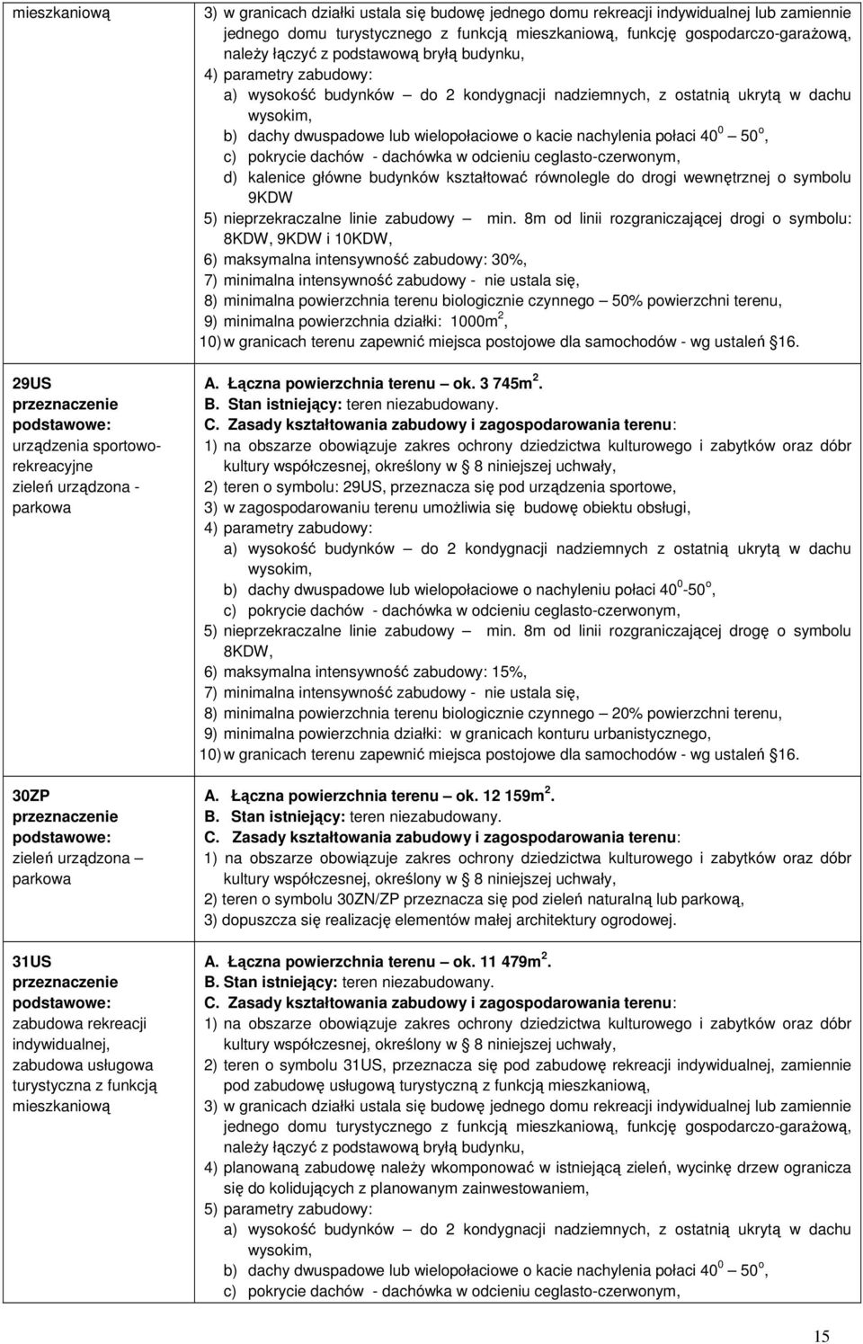 bryłą budynku, 4) parametry zabudowy: a) wysokość budynków do 2 kondygnacji nadziemnych, z ostatnią ukrytą w dachu wysokim, b) dachy dwuspadowe lub wielopołaciowe o kacie nachylenia połaci 40 0 50 o,