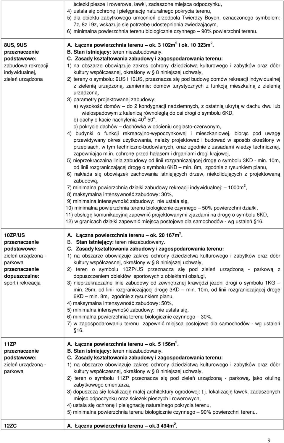 8US, 9US zabudowa rekreacji indywidualnej, zieleń urządzona 10ZP/US zieleń urządzona - parkowa dopuszczalne: sport i rekreacja 11ZP zieleń urządzona - parkowa A. Łączna powierzchnia terenu ok.