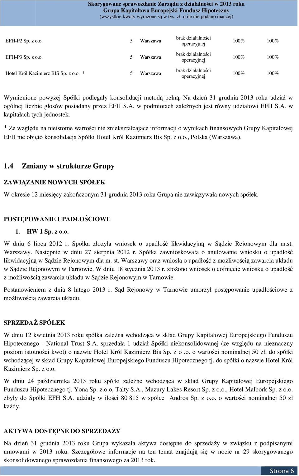 Na dzień 31 grudnia 2013 roku udział w ogólnej liczbie głosów posiadany przez EFH S.A. w podmiotach zależnych jest równy udziałowi EFH S.A. w kapitałach tych jednostek.