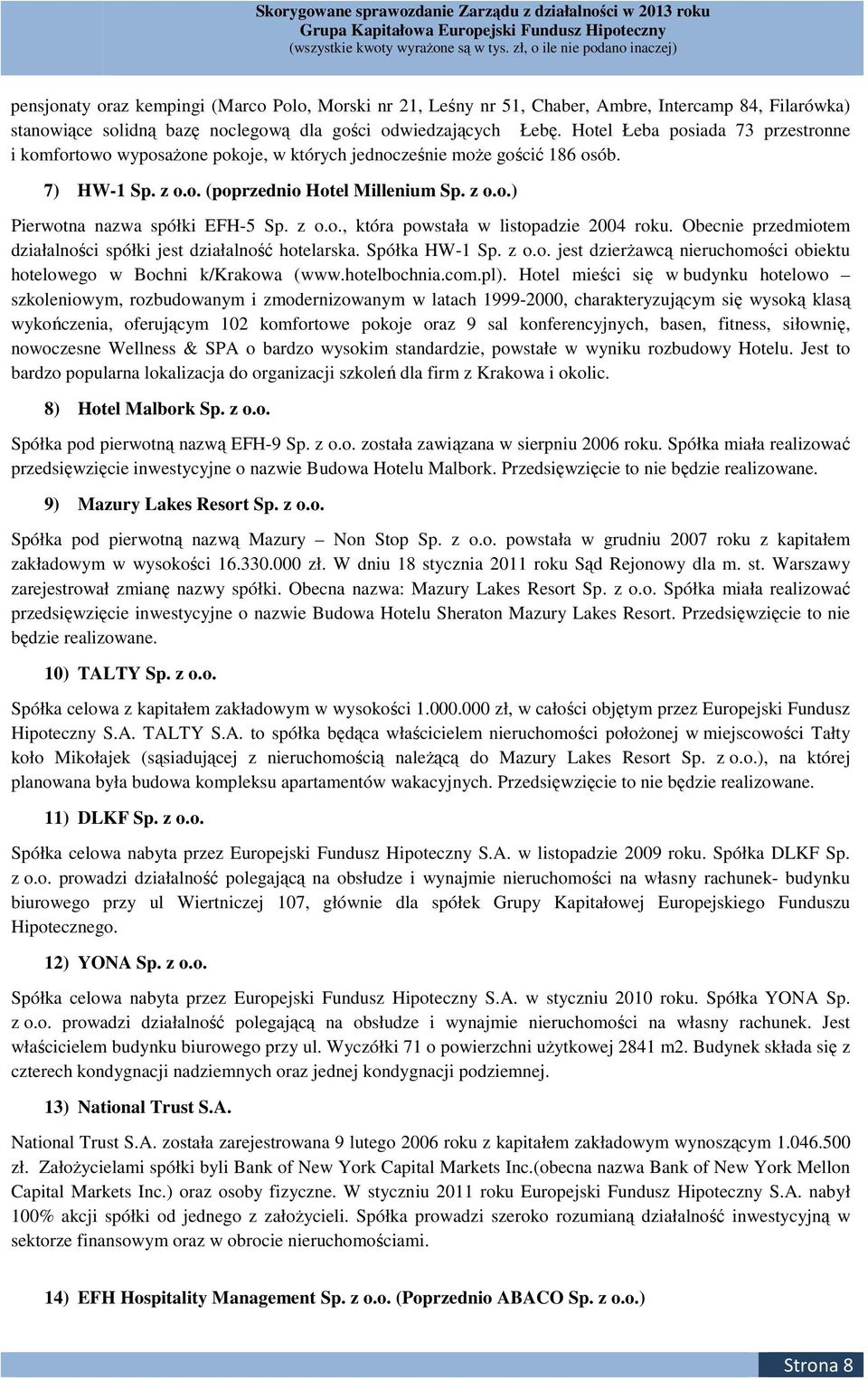 z o.o., która powstała w listopadzie 2004 roku. Obecnie przedmiotem działalności spółki jest działalność hotelarska. Spółka HW-1 Sp. z o.o. jest dzierżawcą nieruchomości obiektu hotelowego w Bochni k/krakowa (www.