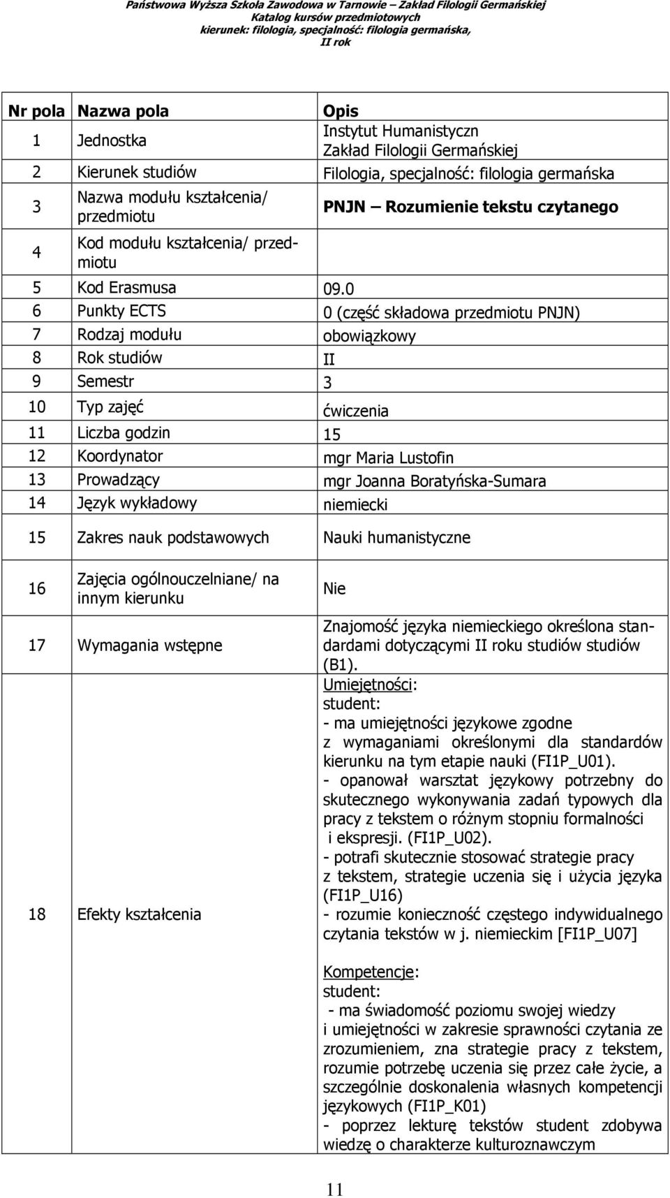 0 6 Punkty ECTS 0 (część składowa przedmiotu PNJN) 7 Rodzaj modułu obowiązkowy 8 Rok studiów II 9 Semestr 3 10 Typ zajęć ćwiczenia 11 Liczba godzin 15 12 Koordynator mgr Maria Lustofin 13 Prowadzący