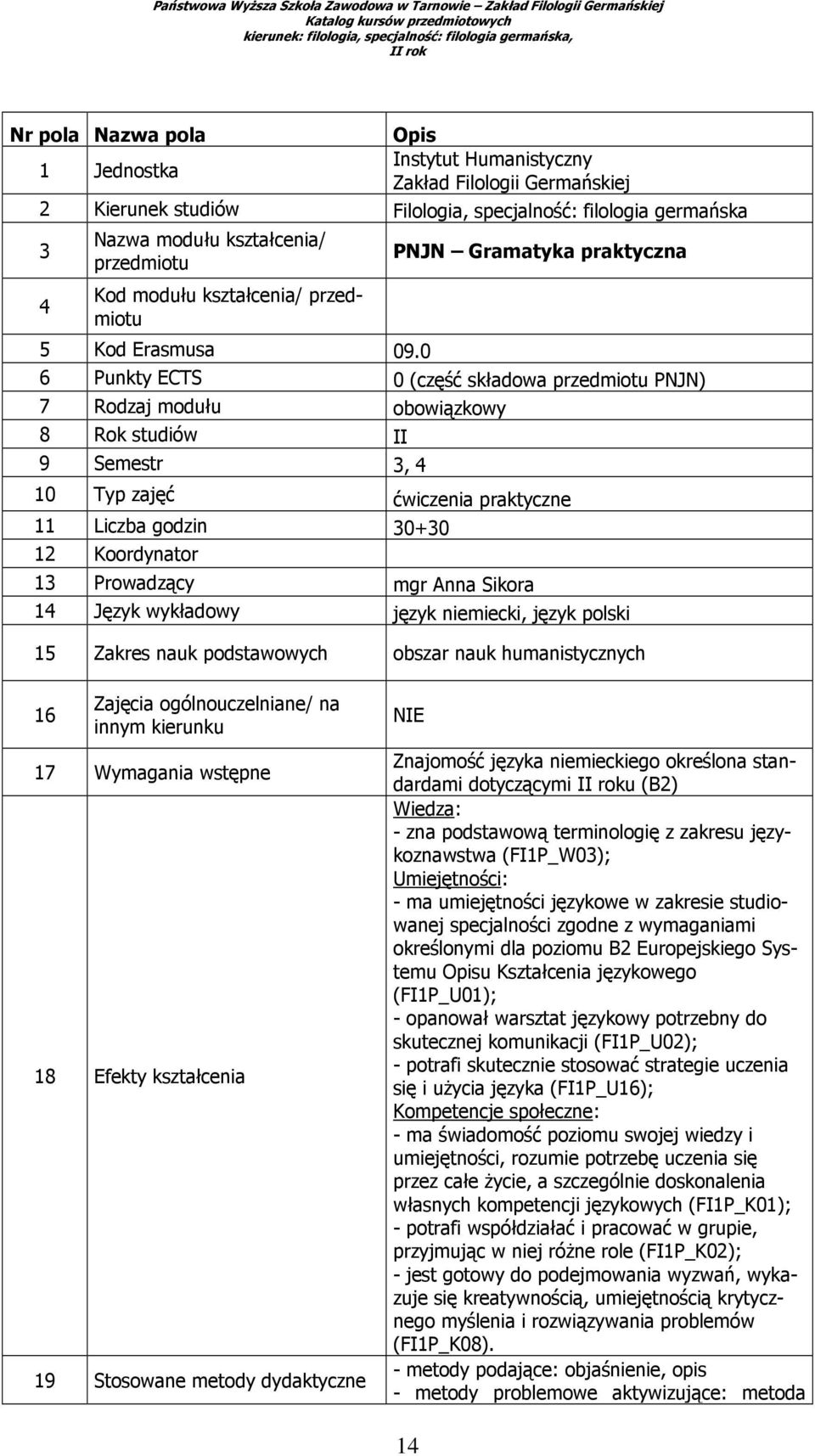 0 6 Punkty ECTS 0 (część składowa przedmiotu PNJN) 7 Rodzaj modułu obowiązkowy 8 Rok studiów II 9 Semestr 3, 4 10 Typ zajęć ćwiczenia praktyczne 11 Liczba godzin 30+30 12 Koordynator 13 Prowadzący