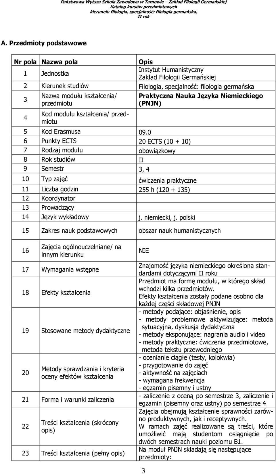 0 6 Punkty ECTS 20 ECTS (10 + 10) 7 Rodzaj modułu obowiązkowy 8 Rok studiów II 9 Semestr 3, 4 10 Typ zajęć ćwiczenia praktyczne 11 Liczba godzin 255 h (120 + 135) 12 Koordynator 13 Prowadzący 14