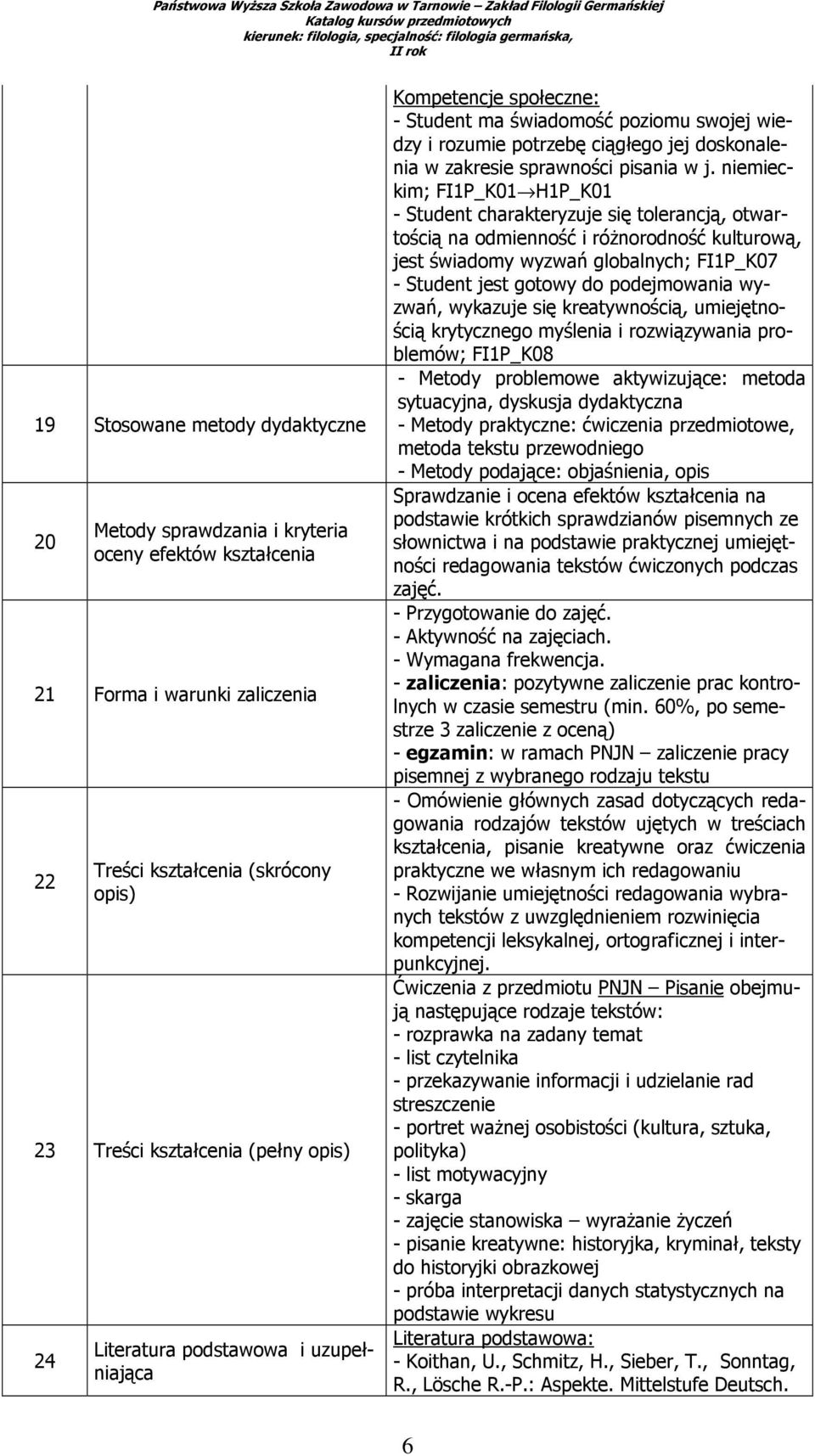 niemieckim; FI1P_K01 H1P_K01 - Student charakteryzuje się tolerancją, otwartością na odmienność i róŝnorodność kulturową, jest świadomy wyzwań globalnych; FI1P_K07 - Student jest gotowy do