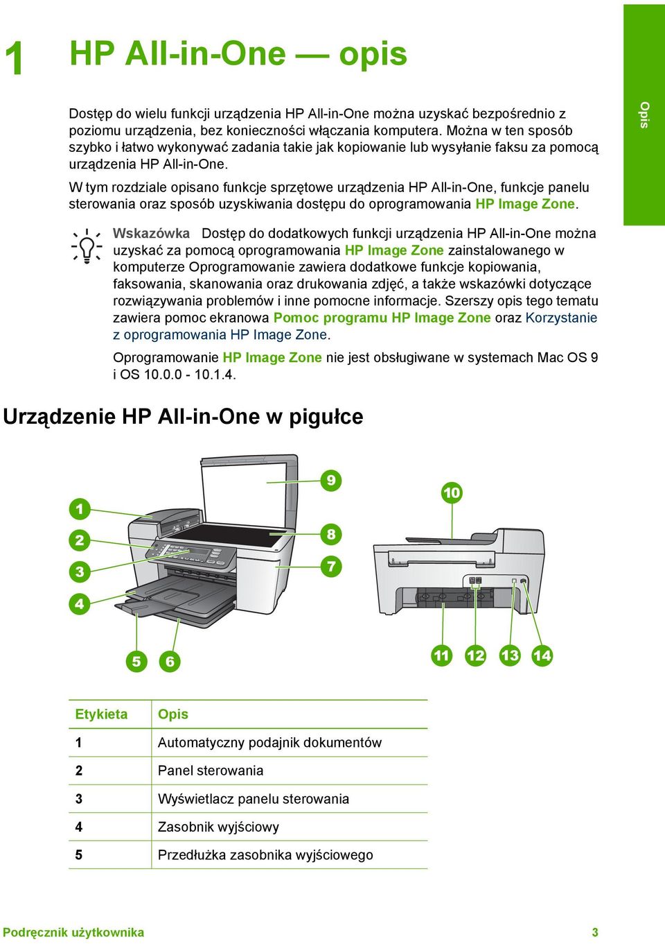 W tym rozdziale opisano funkcje sprzętowe urządzenia HP All-in-One, funkcje panelu sterowania oraz sposób uzyskiwania dostępu do oprogramowania HP Image Zone.