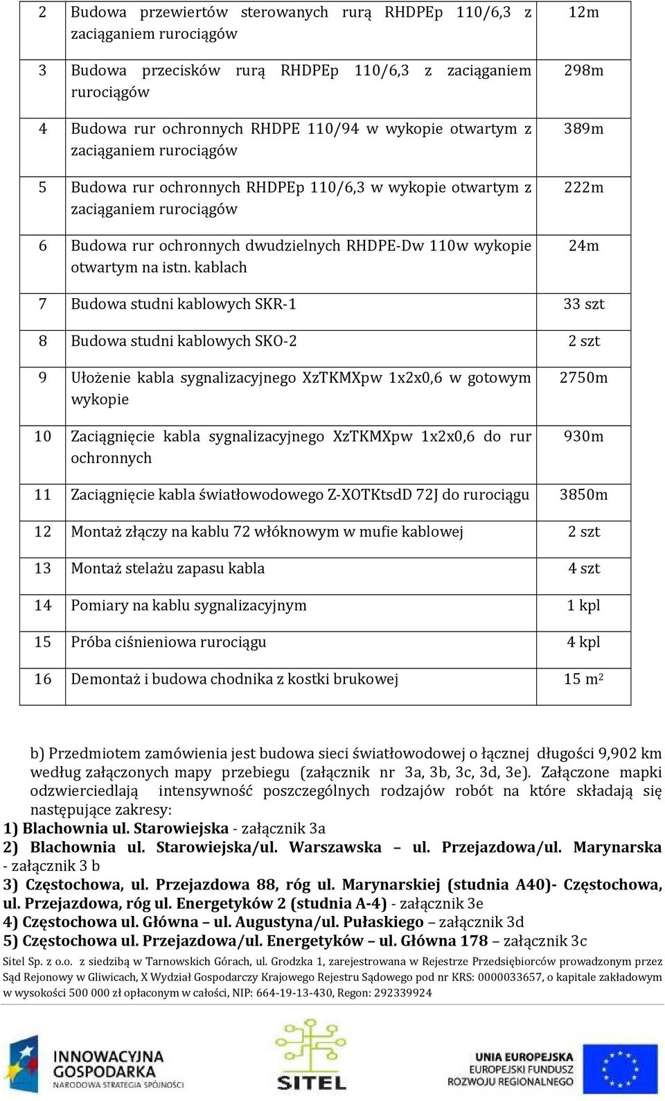 kablach 12m 298m 389m 222m 24m 7 Budowa studni kablowych SKR-1 33 szt 8 Budowa studni kablowych SKO-2 2 szt 9 Ułożenie kabla sygnalizacyjnego XzTKMXpw 1x2x0,6 w gotowym wykopie 10 Zaciągnięcie kabla