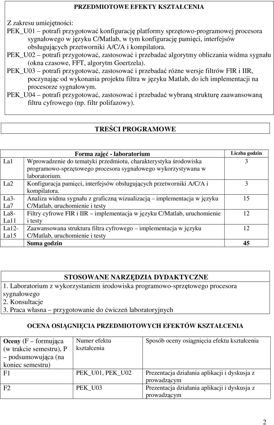 PEK_U03 potrafi przygotować, zastosować i przebadać różne wersje filtrów FIR i IIR, poczynając od wykonania projektu filtra w języku Matlab, do ich implementacji na procesorze sygnałowym.