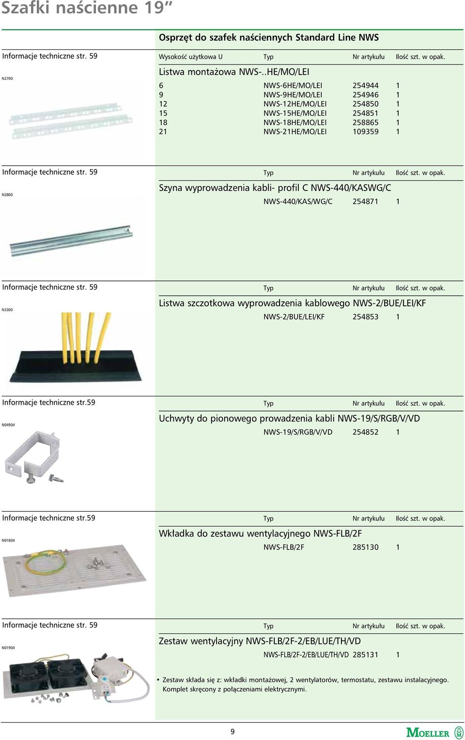 59 N2800 Typ Nr artykułu Ilość szt. w opak. Szyna wyprowadzenia kabli- profil C NWS-440/KASWG/C NWS-440/KAS/WG/C 254871 1 Informacje techniczne str. 59 N3300 Typ Nr artykułu Ilość szt. w opak. Listwa szczotkowa wyprowadzenia kablowego NWS-2/BUE/LEI/KF NWS-2/BUE/LEI/KF 254853 1 Informacje techniczne str.