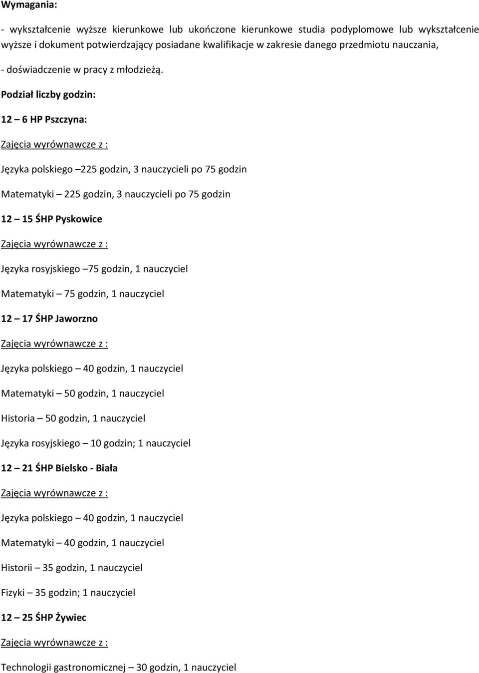 Podział liczby godzin: 12 6 HP Pszczyna: Języka polskiego 225 godzin, 3 nauczycieli po 75 godzin Matematyki 225 godzin, 3 nauczycieli po 75 godzin 12 15 ŚHP Pyskowice Języka rosyjskiego 75 godzin, 1