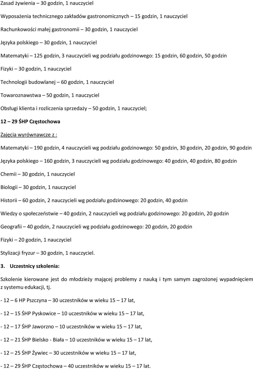 50 godzin, 1 nauczyciel Obsługi klienta i rozliczenia sprzedaży 50 godzin, 1 nauczyciel; 12 29 ŚHP Częstochowa Matematyki 190 godzin, 4 nauczycieli wg podziału godzinowego: 50 godzin, 30 godzin, 20