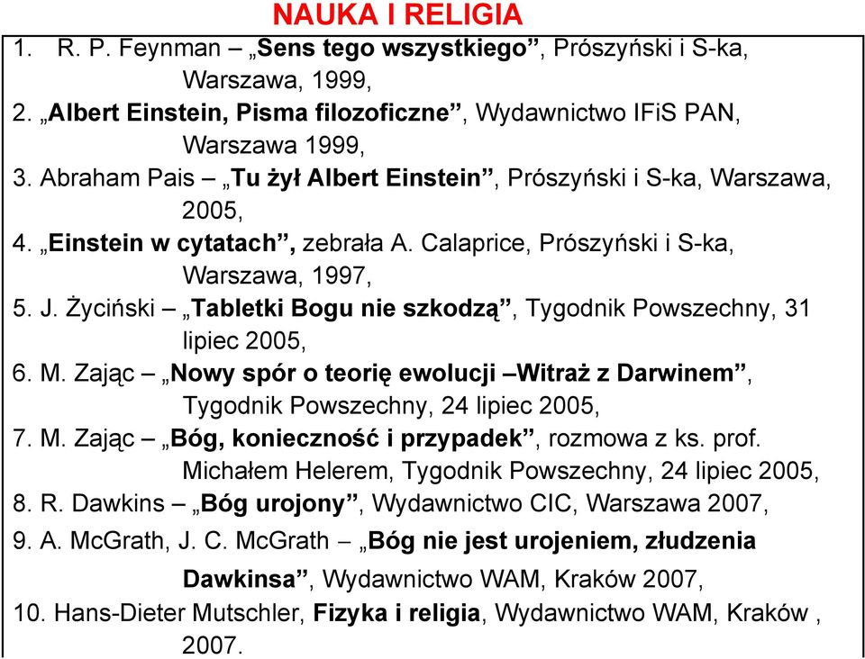 Życiński Tabletki Bogu nie szkodzą, Tygodnik Powszechny, 31 lipiec 2005, 6. M. Zając Nowy spór o teorię ewolucji Witraż z Darwinem, Tygodnik Powszechny, 24 lipiec 2005, 7. M. Zając Bóg, konieczność i przypadek, rozmowa z ks.