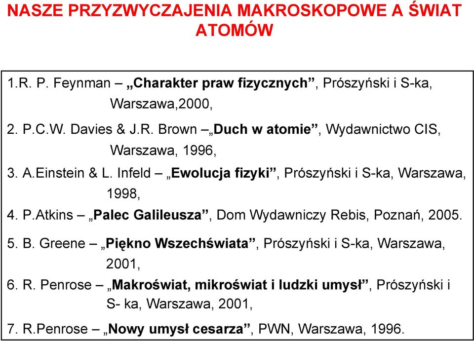 ószyński i S-ka, Warszawa, 1998, 4. P.Atkins Palec Galileusza, Dom Wydawniczy Rebis, Poznań, 2005. 5. B.