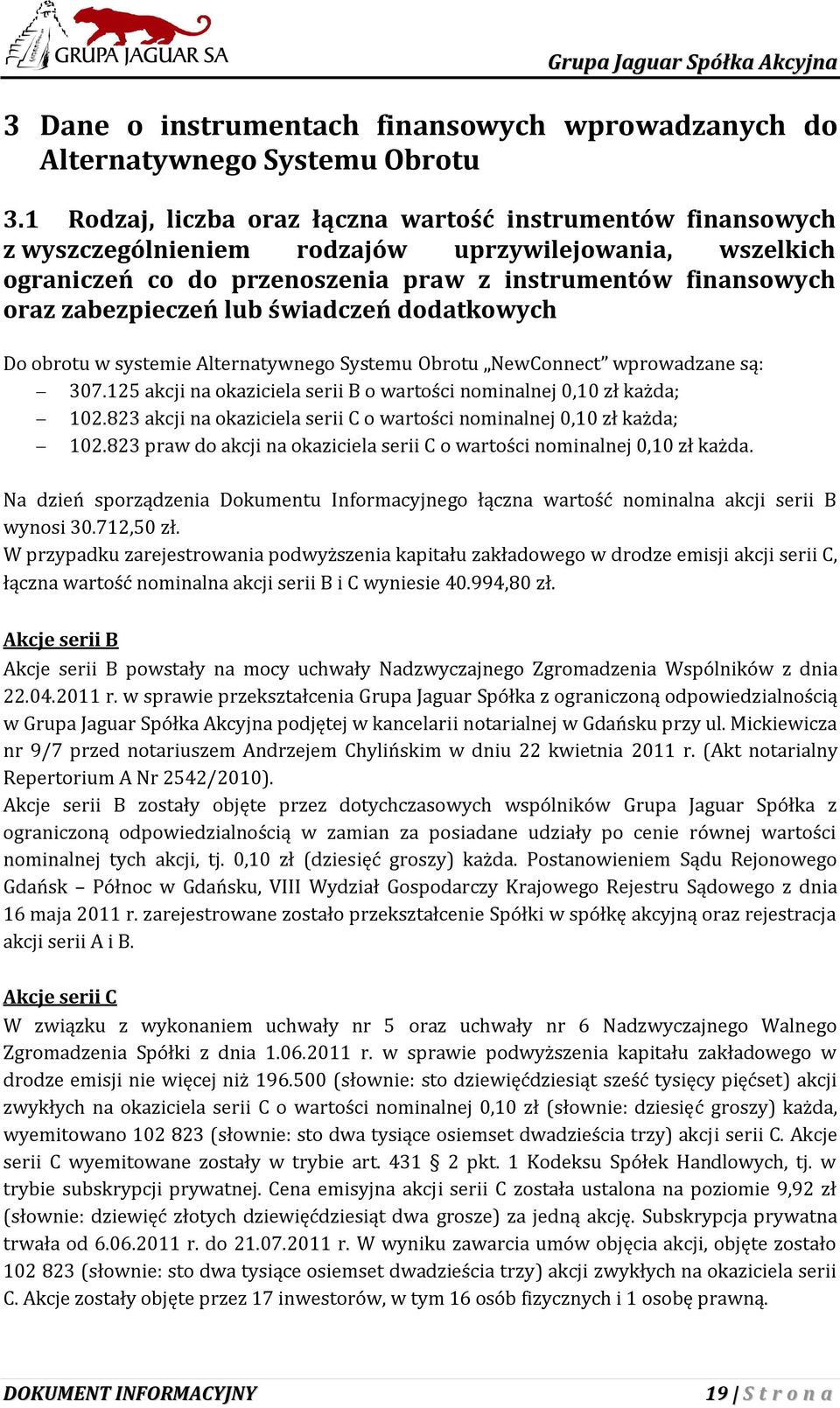 lub świadczeń dodatkowych Do obrotu w systemie Alternatywnego Systemu Obrotu NewConnect wprowadzane są: 307.125 akcji na okaziciela serii B o wartości nominalnej 0,10 zł każda; 102.