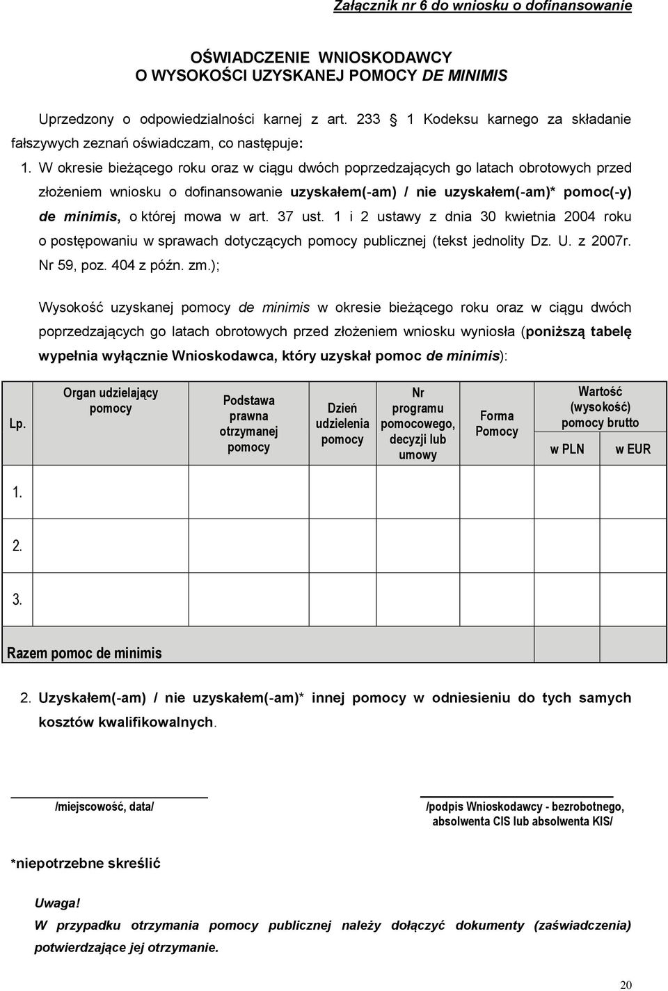 W okresie bieżącego roku oraz w ciągu dwóch poprzedzających go latach obrotowych przed złożeniem wniosku o dofinansowanie uzyskałem(-am) / nie uzyskałem(-am)* pomoc(-y) de minimis, o której mowa w