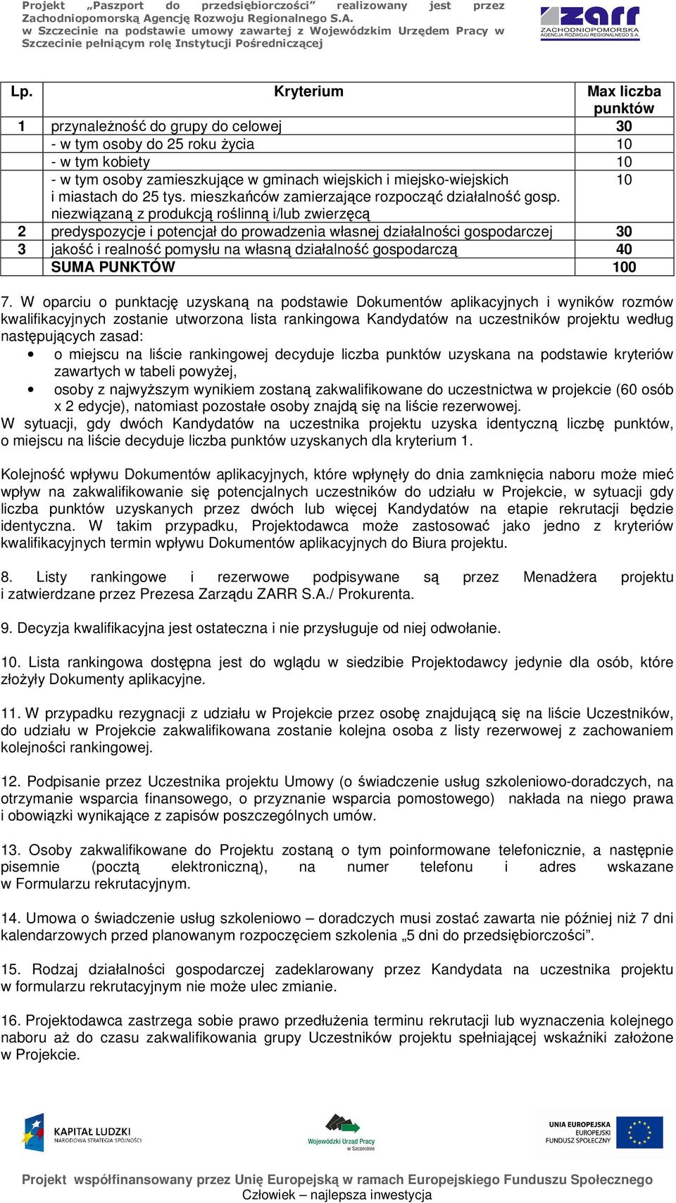 niezwiązaną z produkcją roślinną i/lub zwierzęcą 2 predyspozycje i potencjał do prowadzenia własnej działalności gospodarczej 30 3 jakość i realność pomysłu na własną działalność gospodarczą 40 SUMA