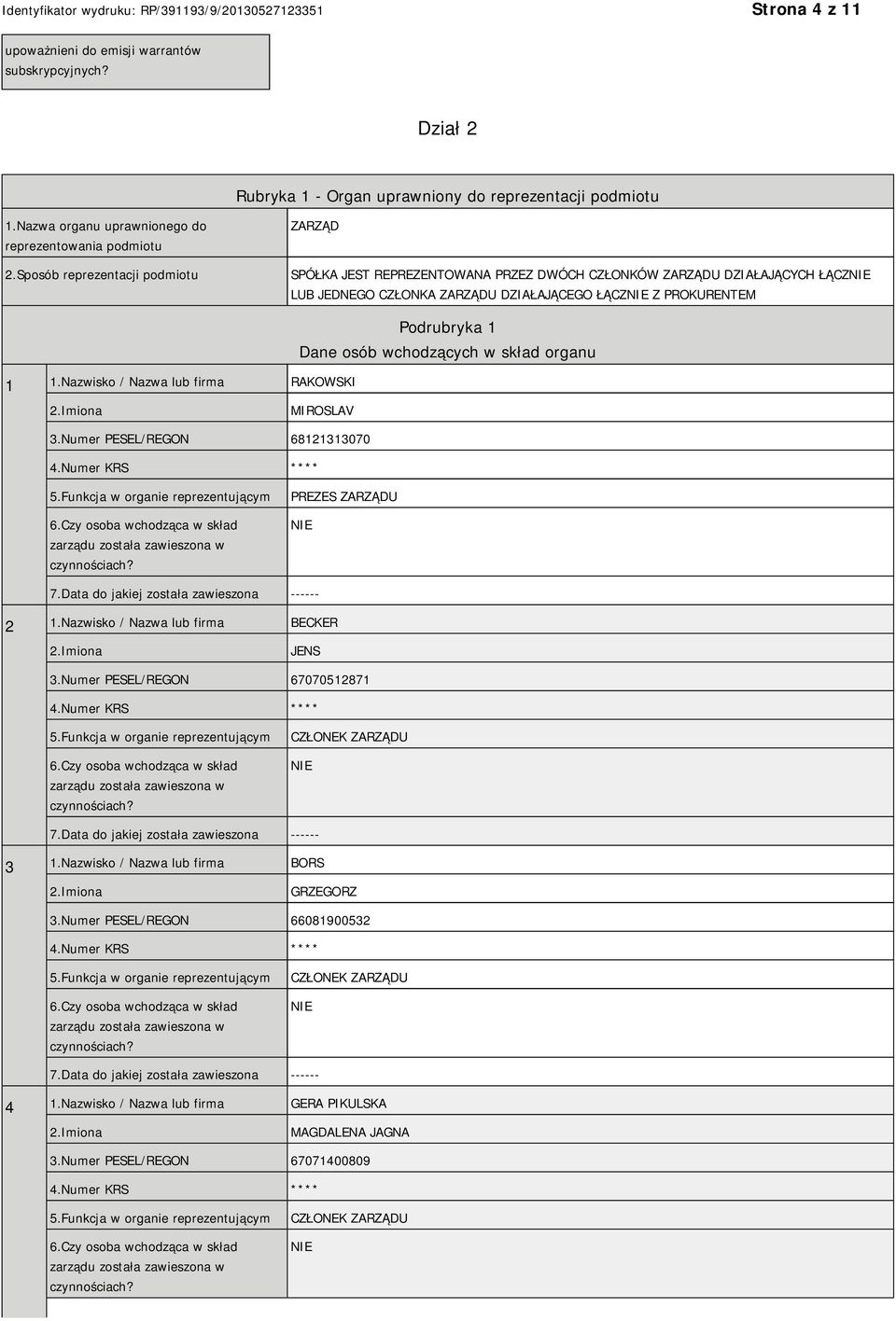 Nazwisko / Nazwa lub firma RAKOWSKI Podrubryka 1 Dane osób wchodzących w skład organu MIROSLAV 3.Numer PESEL/REGON 68121313070 PREZES ZARZĄDU 2 1.Nazwisko / Nazwa lub firma BECKER JENS 3.