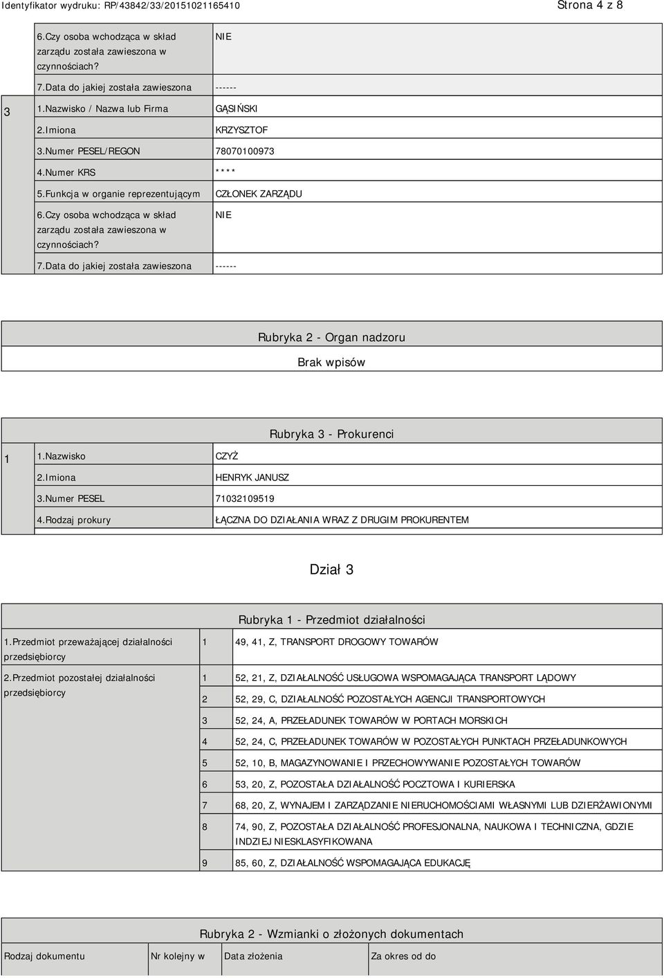 Data do jakiej została zawieszona ------ Rubryka 2 - Organ nadzoru Rubryka 3 - Prokurenci 1 1.Nazwisko CZYŻ 2.Imiona HENRYK JANUSZ 3.Numer PESEL 71032109519 4.