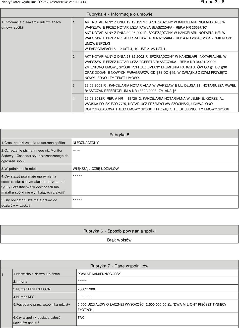 SPORZĄDZONY W KANCELARII NOTARIALNEJ W WARSZAWIE PRZEZ NOTARIUSZA PAWŁA BŁASZCZAKA - REP.A NR 26548/2001 - ZMIENIONO UMOWĘ SPÓŁKI W PARAGRAFACH 5, 12 UST.4, 19 UST.2, 25 UST.1. 2 AKT NOTARIALNY Z DNIA 23.