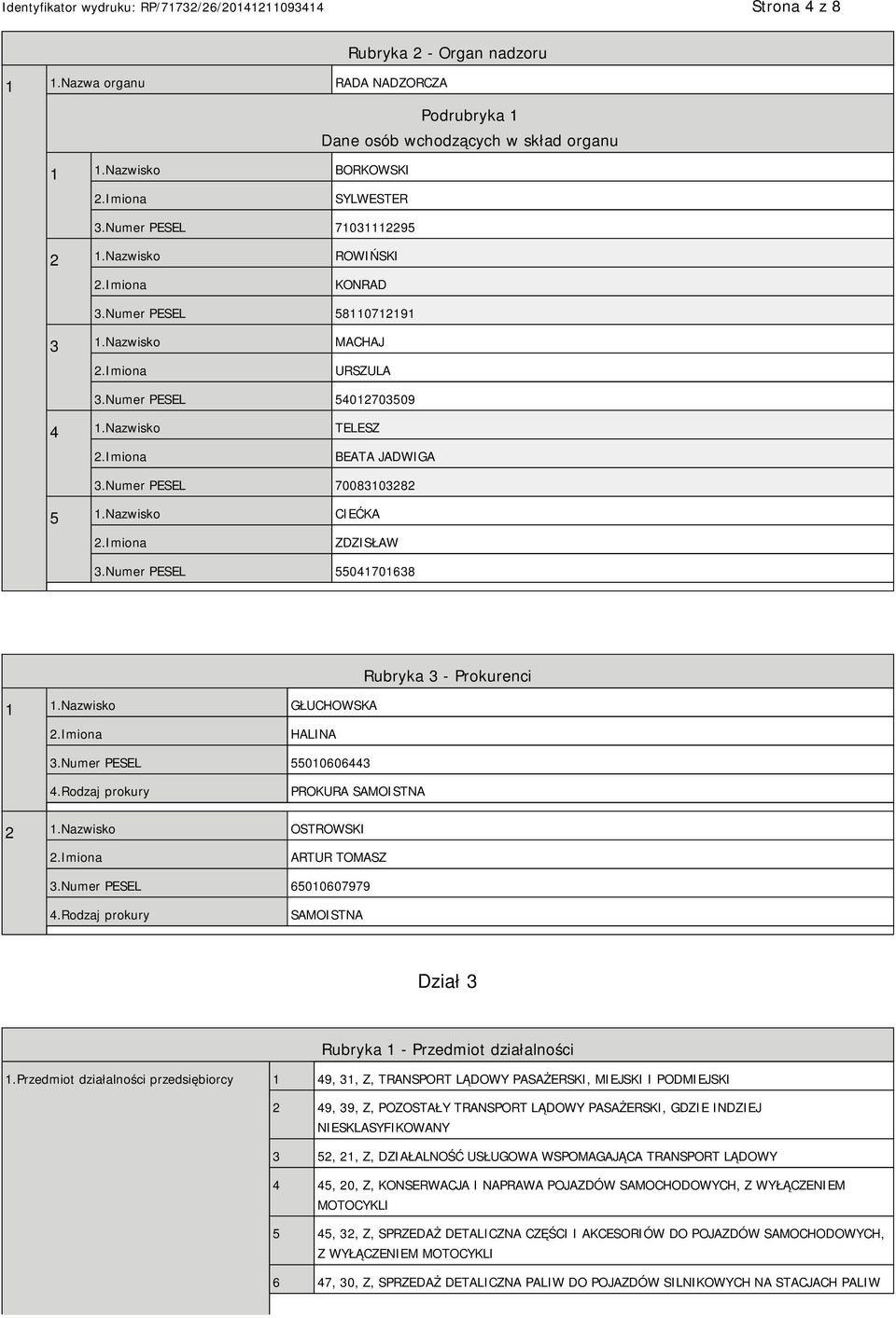 Numer PESEL 55041701638 Rubryka 3 - Prokurenci 1 1.Nazwisko GŁUCHOWSKA HALINA 3.Numer PESEL 55010606443 4.Rodzaj prokury PROKURA SAMOISTNA 2 1.Nazwisko OSTROWSKI ARTUR TOMASZ 3.