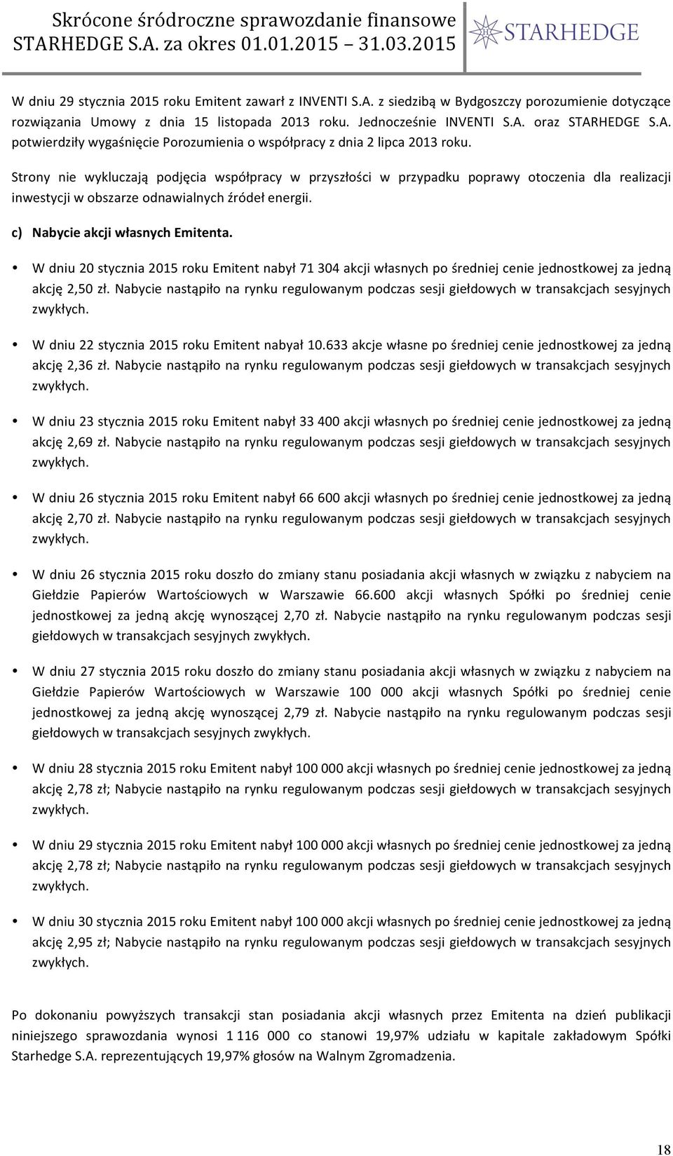 W dniu 20 stycznia 2015 roku Emitent nabył 71 304 akcji własnych po średniej cenie jednostkowej za jedną akcję 2,50 zł.