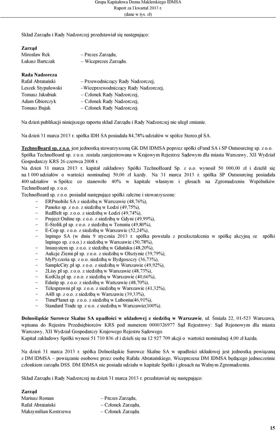 Na dzień publikacji niniejszego raportu skład Zarządu i Rady Nadzorczej nie uległ zmianie. Na dzień 31 marca 2013 r. spółka IDH SA posiadała 84,78% udziałów w spółce Stereo.pl SA. TechnoBoard sp. z o.