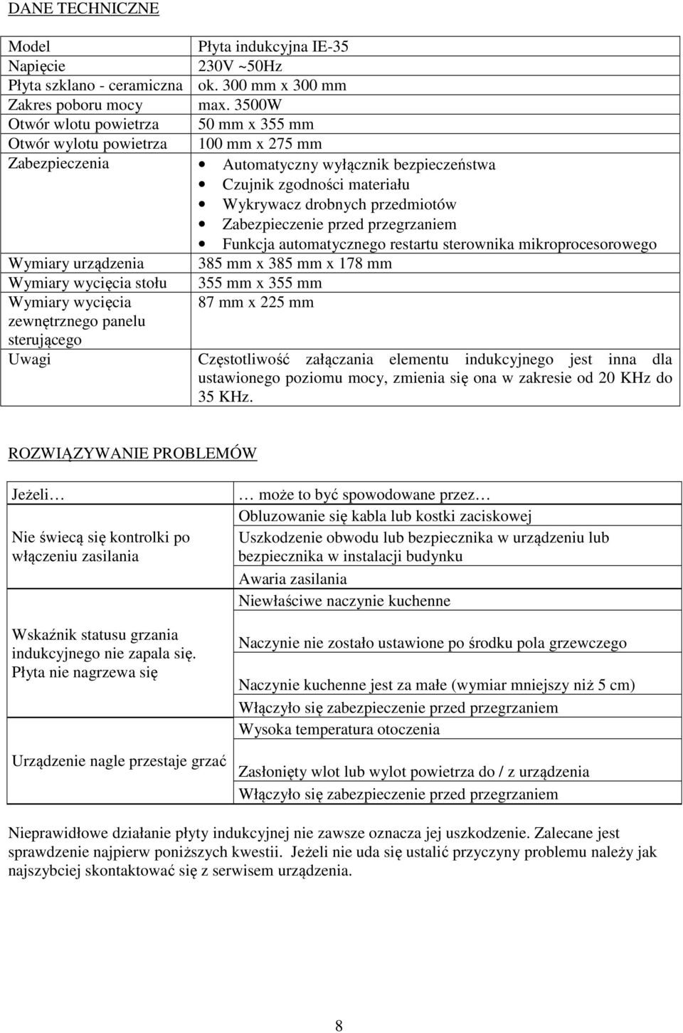 Zabezpieczenie przed przegrzaniem Funkcja automatycznego restartu sterownika mikroprocesorowego Wymiary urządzenia 385 mm x 385 mm x 178 mm Wymiary wycięcia stołu 355 mm x 355 mm Wymiary wycięcia 87