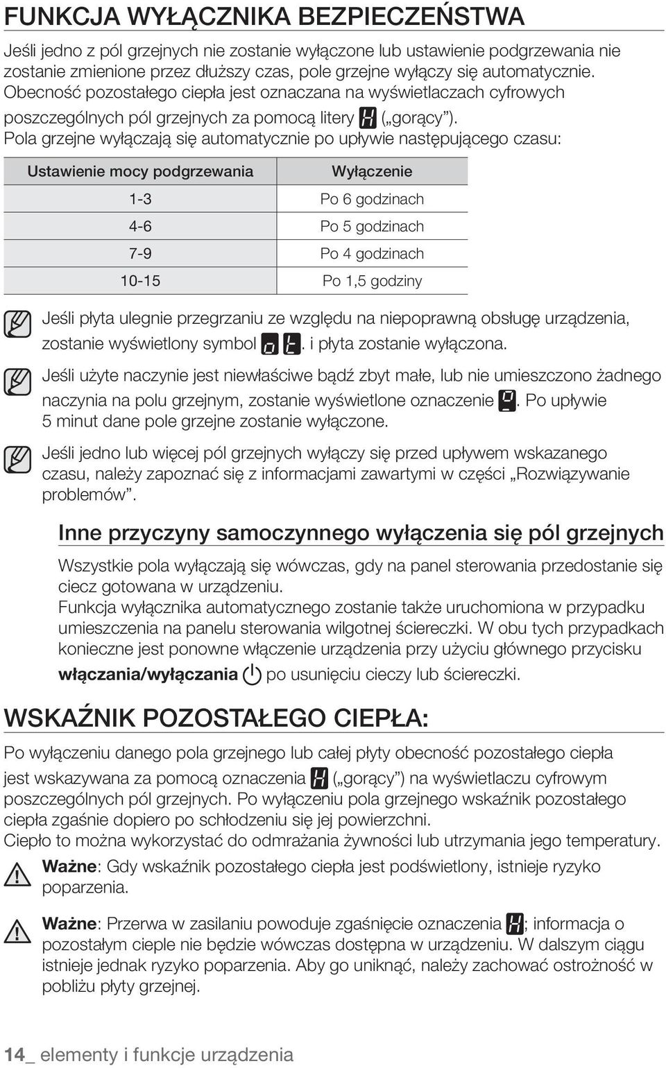 Pola grzejne wyłączają się automatycznie po upływie następującego czasu: Ustawienie mocy podgrzewania Wyłączenie 1-3 Po 6 godzinach 4-6 Po 5 godzinach 7-9 Po 4 godzinach 10-15 Po 1,5 godziny Jeśli