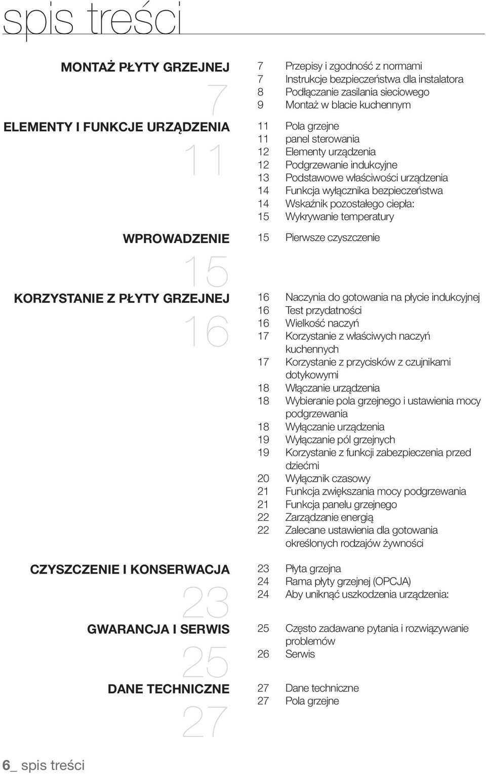 urządzenia 12 Podgrzewanie indukcyjne 13 Podstawowe właściwości urządzenia 14 Funkcja wyłącznika bezpieczeństwa 14 Wskaźnik pozostałego ciepła: 15 Wykrywanie temperatury 15 Pierwsze czyszczenie 16